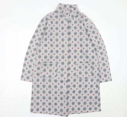 LEONA Women’s Grey Coatigan L Smiley Star Print Mid-Length Jacket