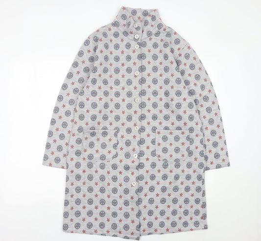 LEONA Women’s Grey Coatigan L Smiley Star Print Mid-Length Jacket