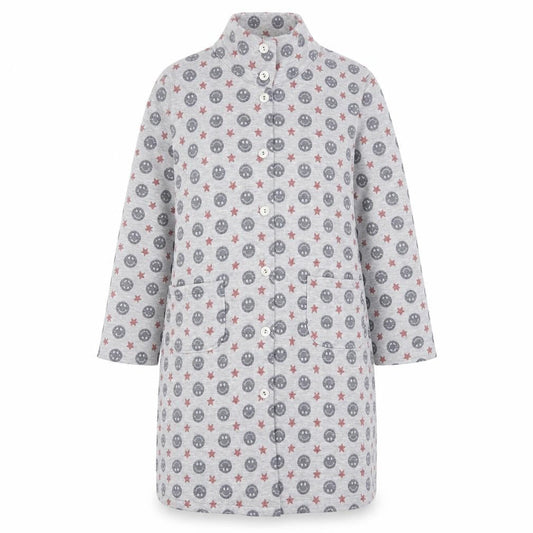 LEONA Women’s Grey Coatigan L Smiley Star Print Mid-Length Jacket