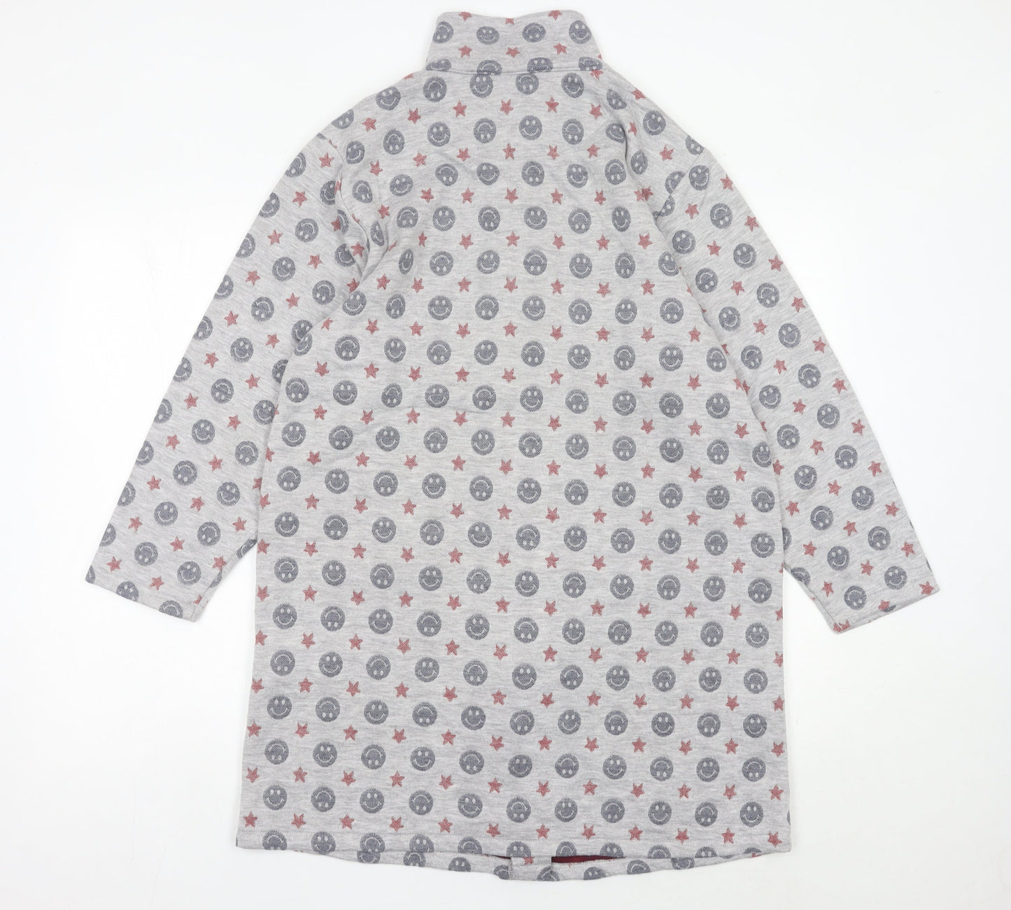 LEONA Women’s Grey Coatigan L Smiley Star Print Mid-Length Jacket