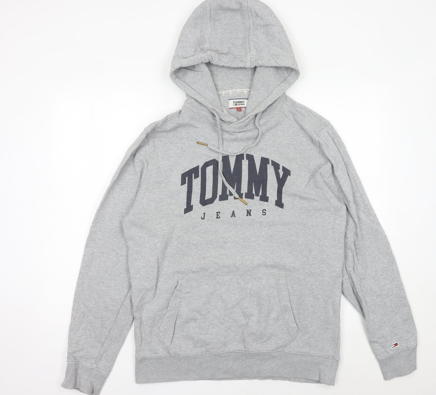Tommy Jeans Mens Grey Pullover Hoodie L Logo Print Hooded Sweatshirt