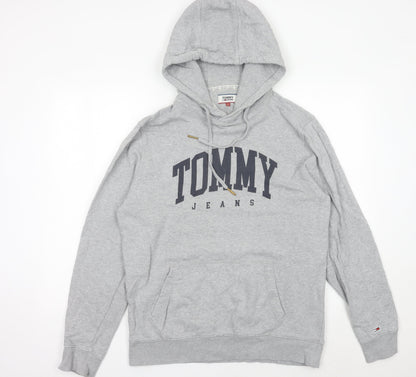 Tommy Jeans Mens Grey Pullover Hoodie L Logo Print Hooded Sweatshirt