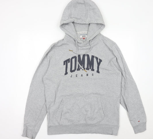 Tommy Jeans Mens Grey Pullover Hoodie L Logo Print Hooded Sweatshirt
