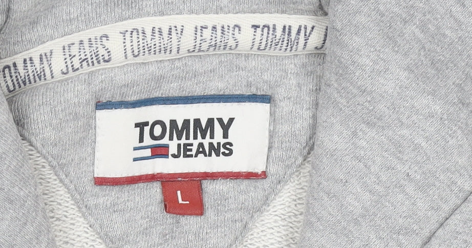 Tommy Jeans Mens Grey Pullover Hoodie L Logo Print Hooded Sweatshirt