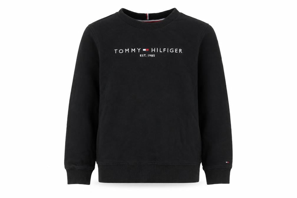 Front view of Tommy Hilfiger boys’ black pullover sweatshirt logo crew neck 12 years