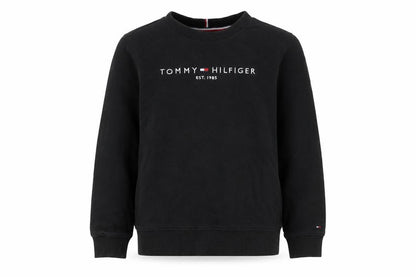 Front view of Tommy Hilfiger boys’ black pullover sweatshirt logo crew neck 12 years