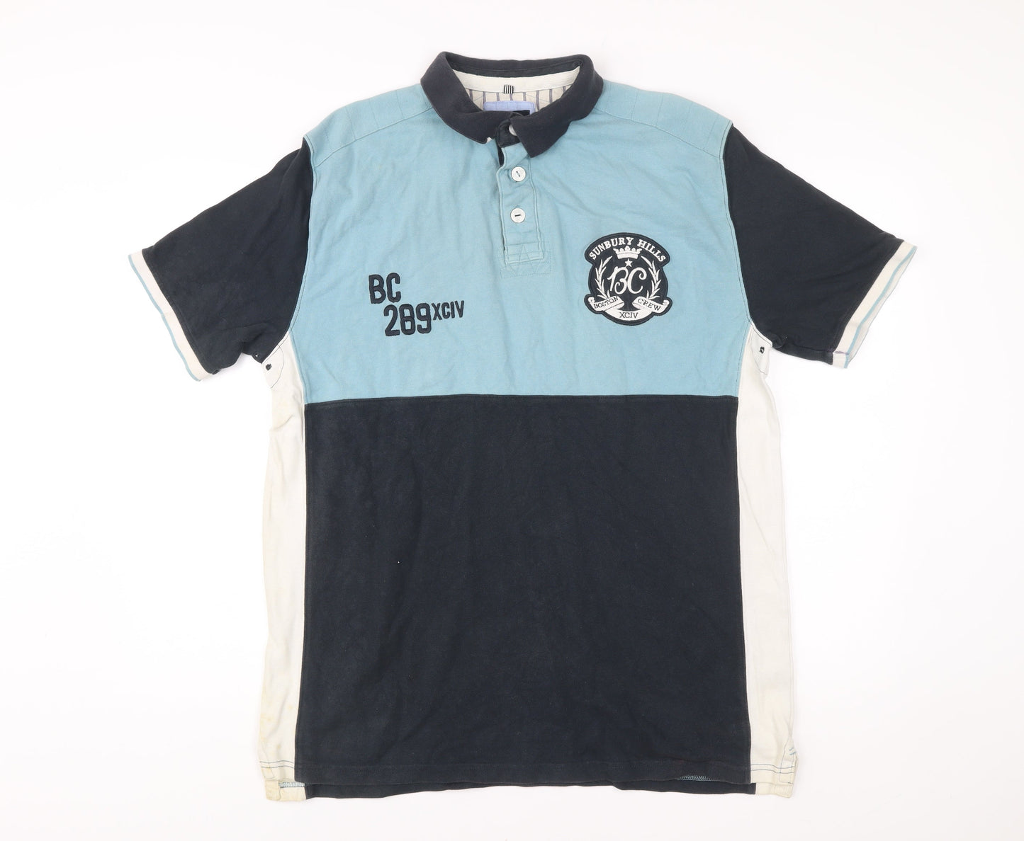 Boston Crew Mens Polo Shirt Blue White Black Large 42-44" Cotton Colourblock