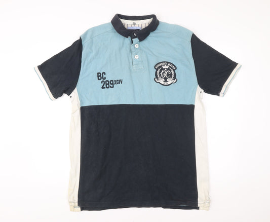 Boston Crew Mens Polo Shirt Blue White Black Large 42-44" Cotton Colourblock