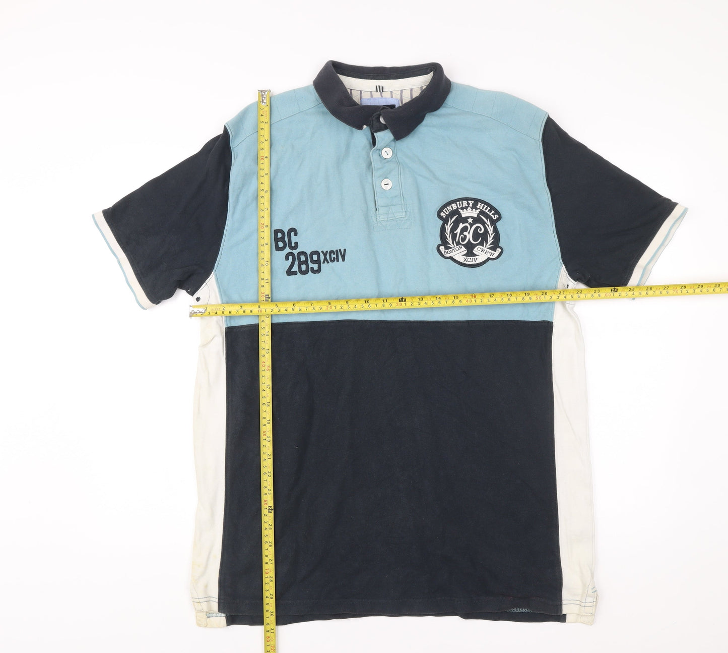 Boston Crew Mens Polo Shirt Blue White Black Large 42-44" Cotton Colourblock