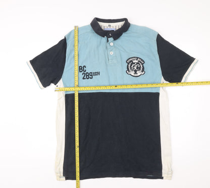 Boston Crew Mens Polo Shirt Blue White Black Large 42-44" Cotton Colourblock