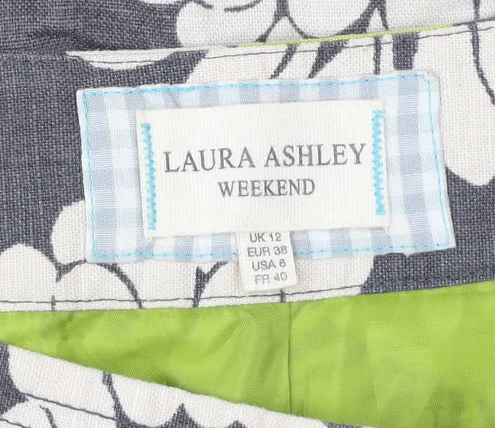 Laura Ashley Women’s Grey Floral Linen Cotton A-Line Skirt UK 12
