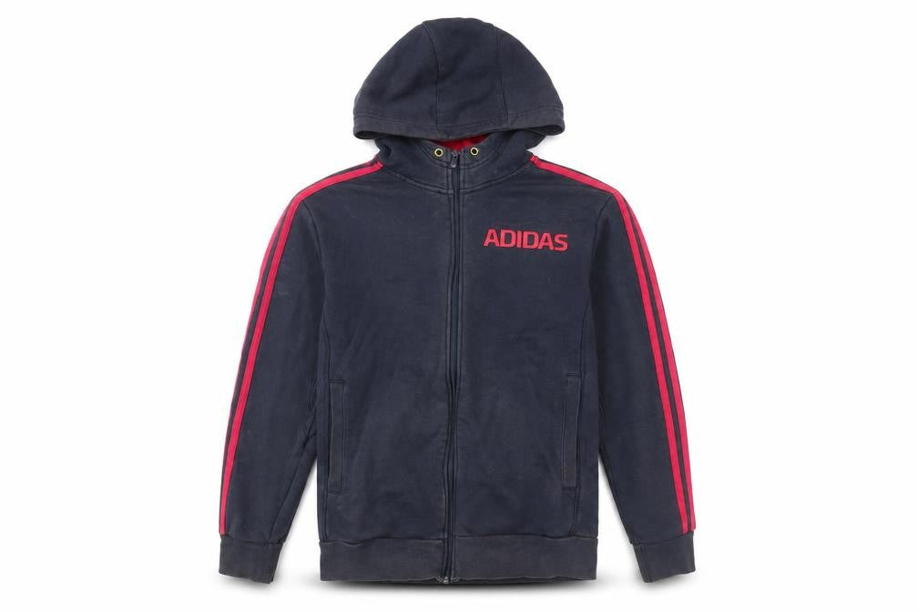 Front view of Adidas Men’s Blue Full Zip Hoodie, size M, Sportswear Logo