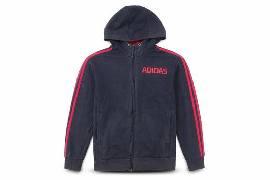Front view of Adidas Men’s Blue Full Zip Hoodie, size M, Sportswear Logo