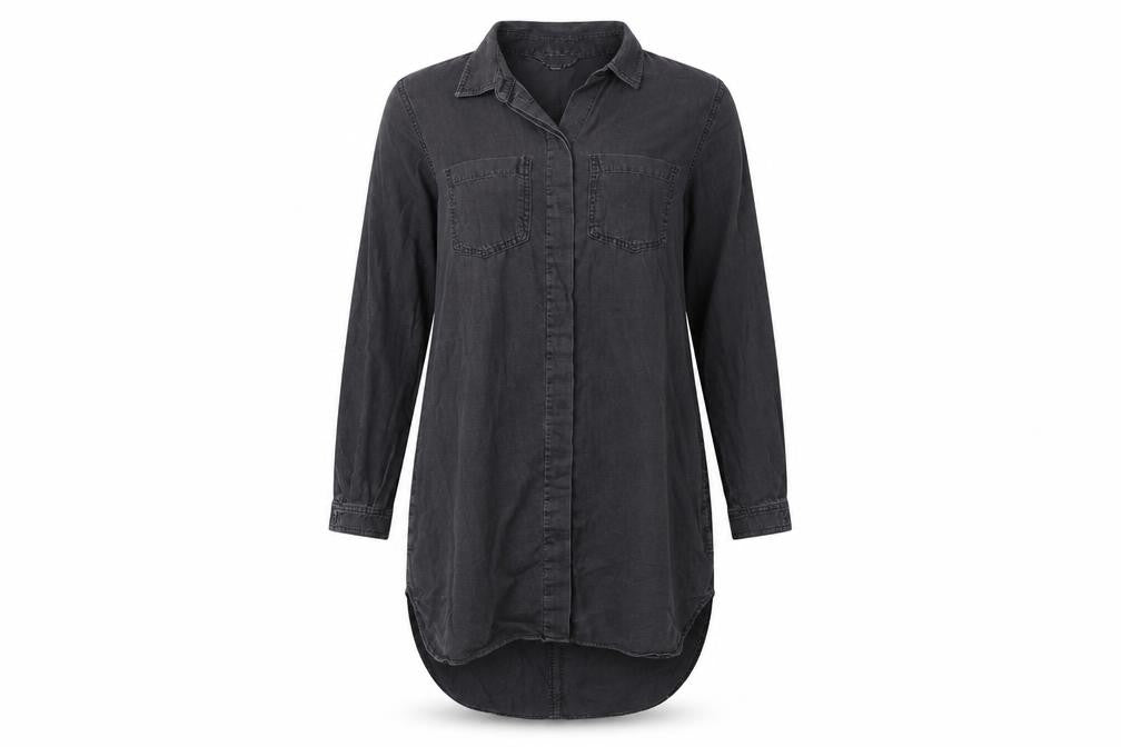 Front view of French Connection women’s black, size UK 6, shirt dress long sleeve casual