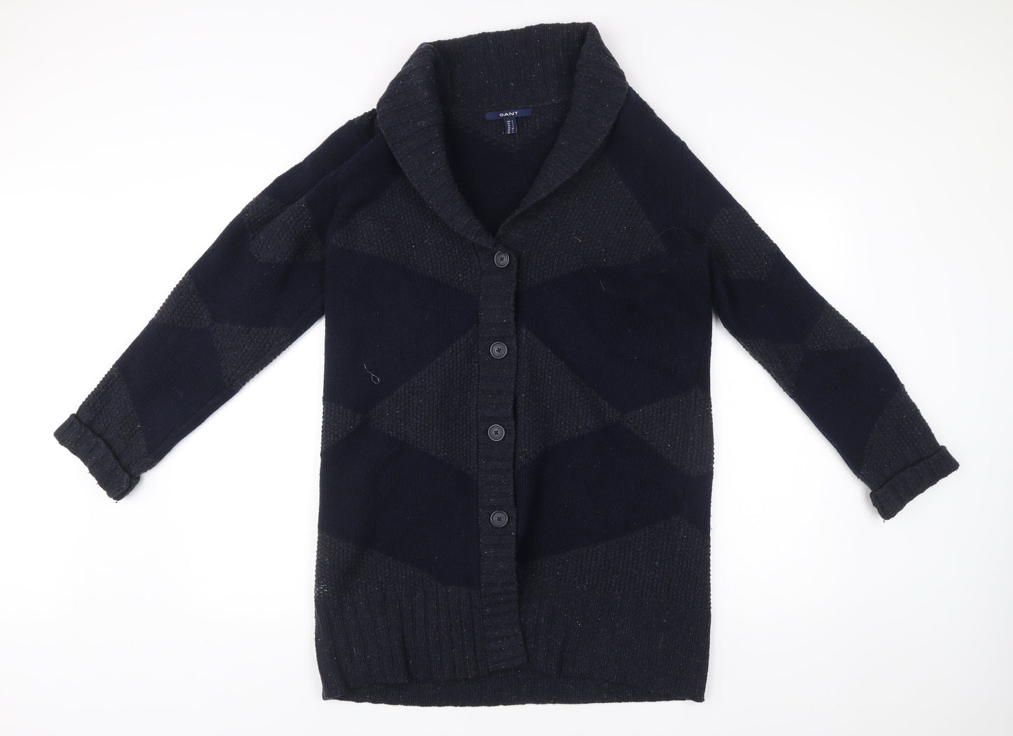 Gant Men’s Blue Wool Blend Cardigan L Collared Geometric Knit