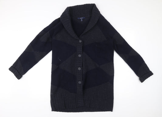 Gant Men’s Blue Wool Blend Cardigan L Collared Geometric Knit