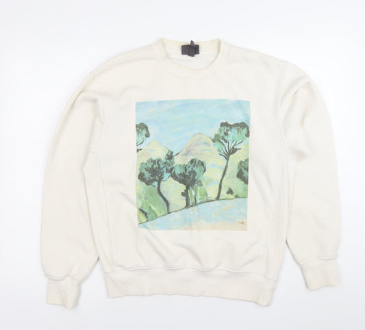 H&M Women Ivory XS Oversized Fit Pullover Sweatshirt with Art Print