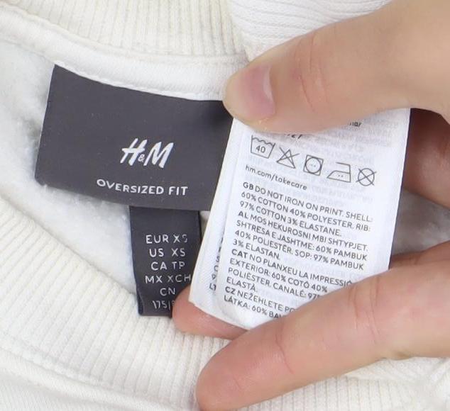 H&M Women Ivory XS Oversized Fit Pullover Sweatshirt with Art Print