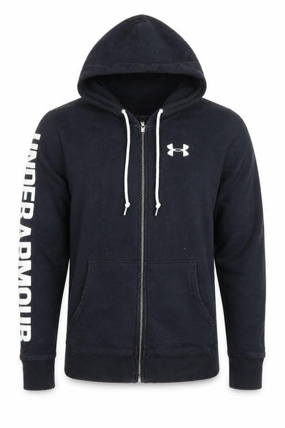 Front view of Under Armour boys’ black full zip hoodie sweatshirt, size S, logo hooded