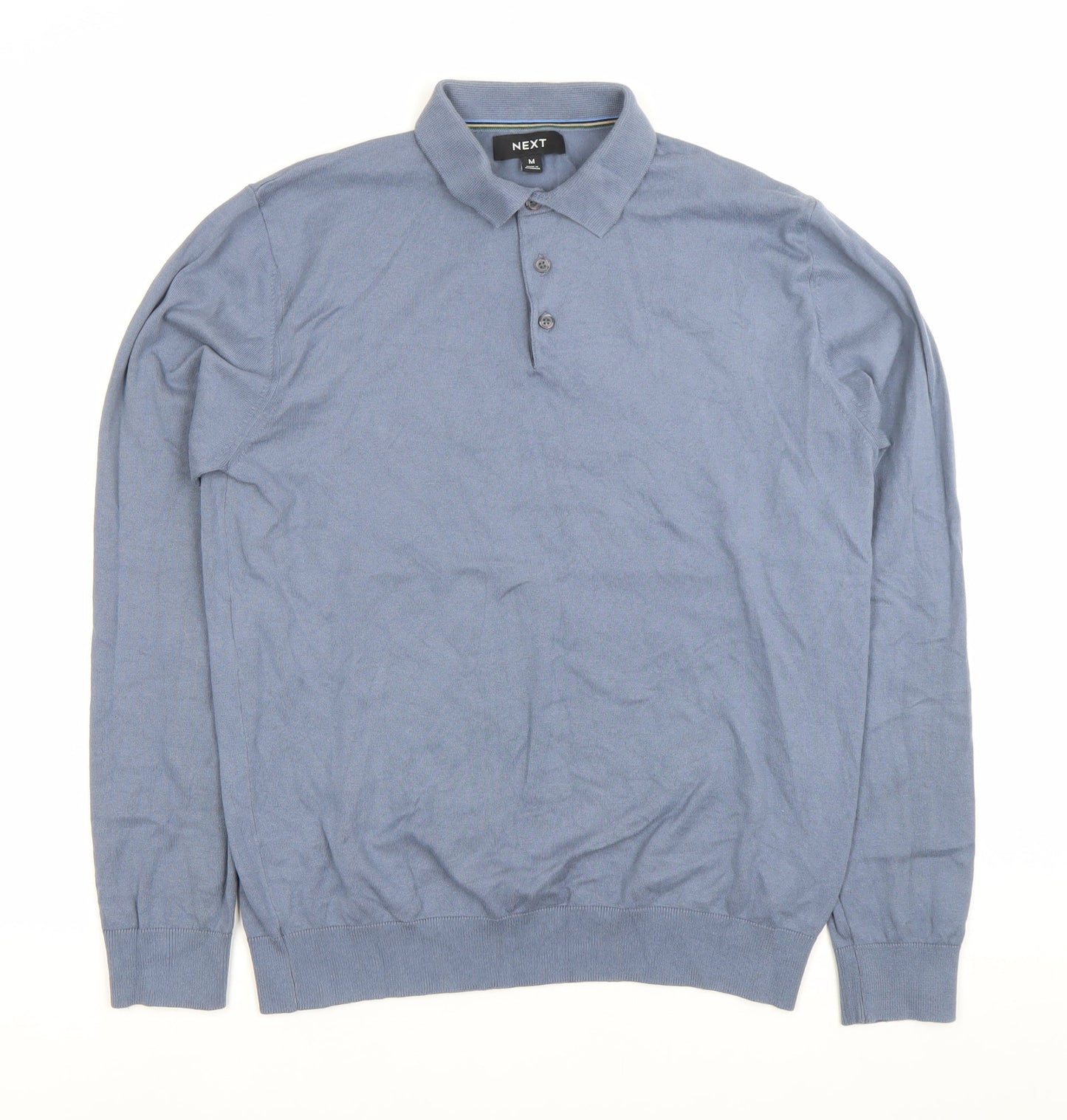 Next Men's Blue Cotton Long Sleeve Polo Shirt Size M