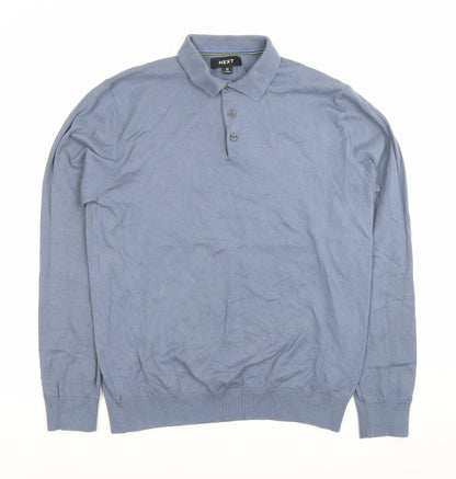 Next Men's Blue Cotton Long Sleeve Polo Shirt Size M