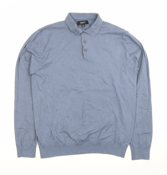Next Men's Blue Cotton Long Sleeve Polo Shirt Size M