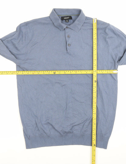 Next Men's Blue Cotton Long Sleeve Polo Shirt Size M