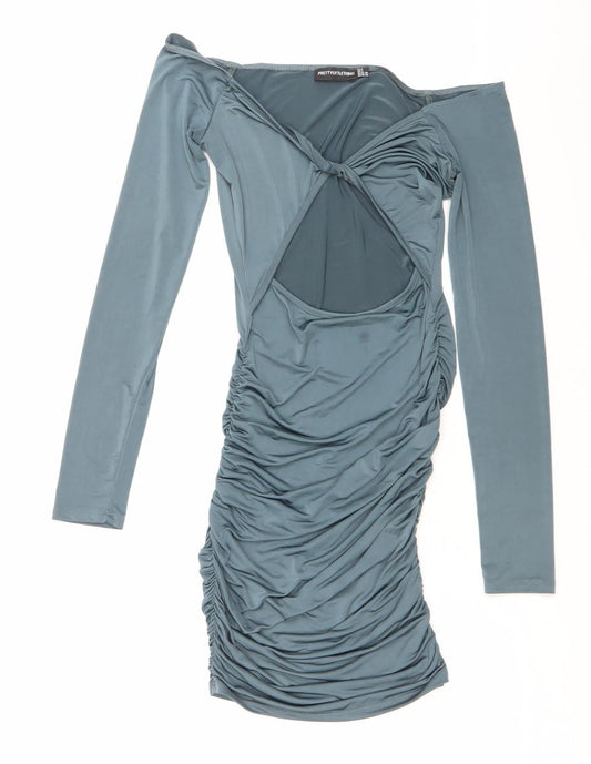 PrettyLittleThing Women’s Blue Ruched Bodycon Mini Dress Size 8