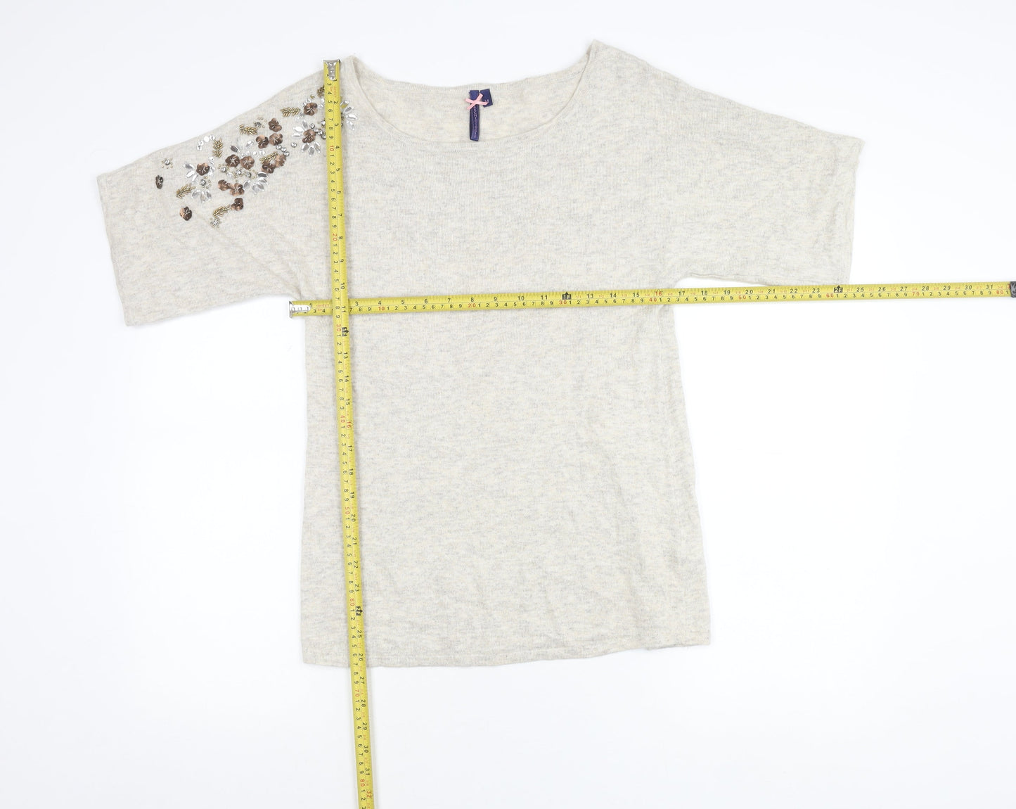 Archeologie Women’s Beige Beaded Boat Neck Knit T-Shirt Size M