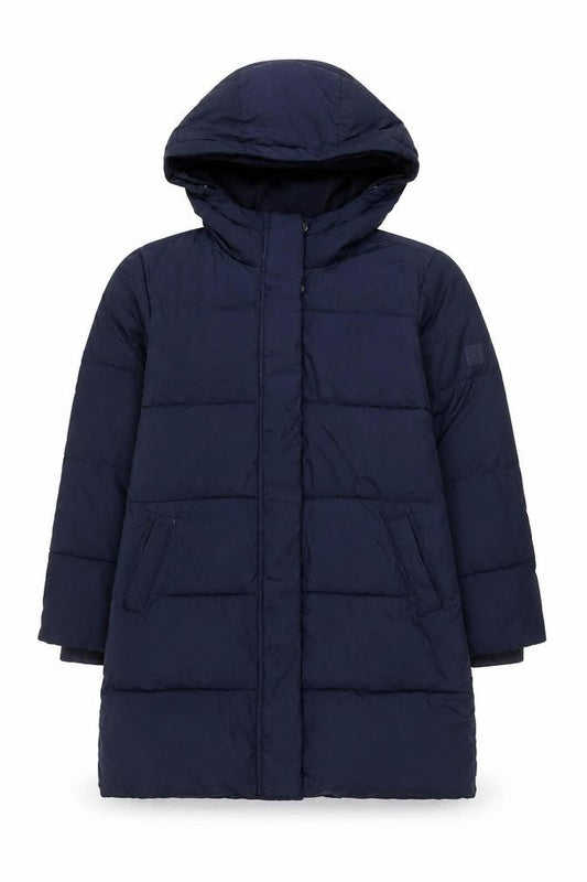 Front view of Gap Kids girls’ blue 10-11 years long hooded puffer jacket coat winter