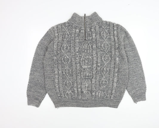 Easy Mens Grey Cable-Knit Mock Neck 1/4 Zip Pullover Jumper L