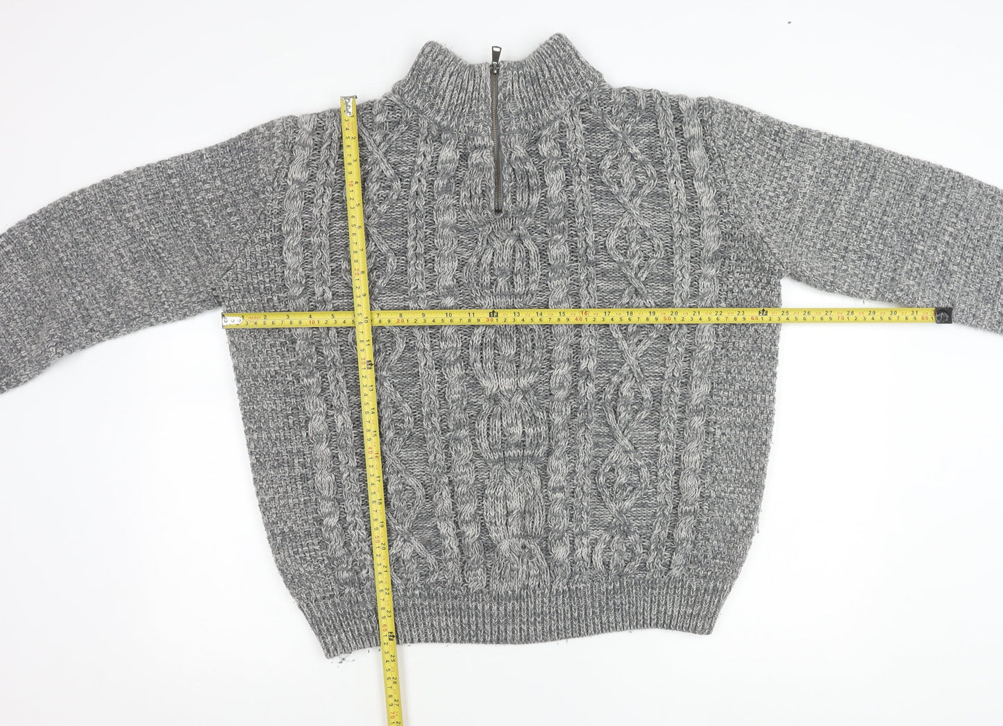 Easy Mens Grey Cable-Knit Mock Neck 1/4 Zip Pullover Jumper L