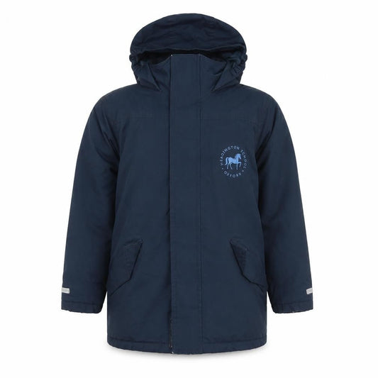 Front view of Result Core Kids Blue 7-8Y Hooded Parka Coat School Logo Reflective Trim