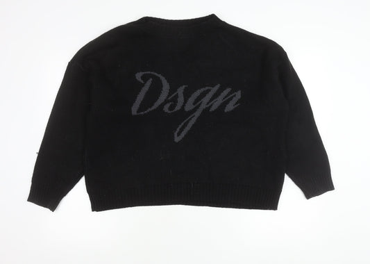 Boohoo Womens Black Pullover Jumper S Crew Neck Logo Acrylic Knit