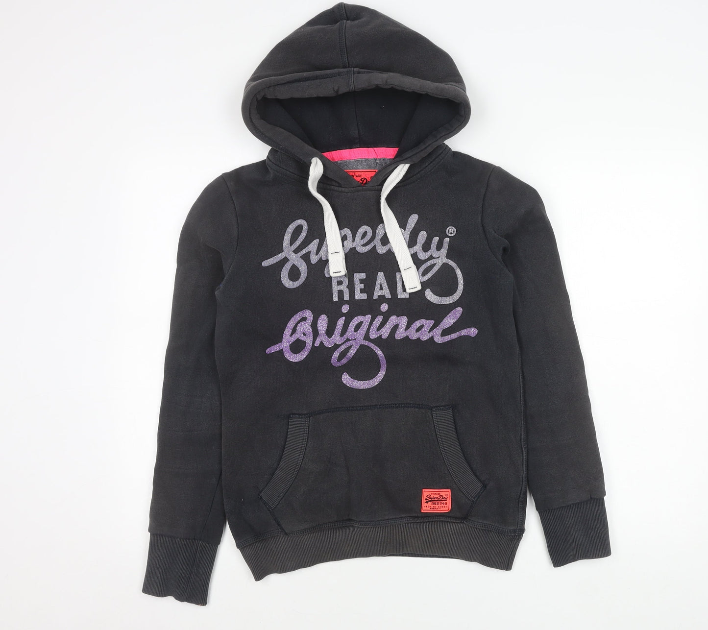 Superdry Womens Black Pullover Hoodie XS Graphic Logo Hooded Sweatshirt