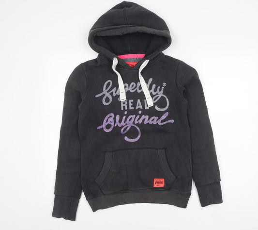Superdry Womens Black Pullover Hoodie XS Graphic Logo Hooded Sweatshirt