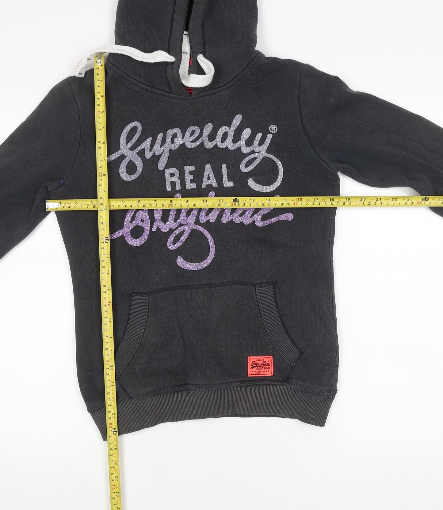 Superdry Womens Black Pullover Hoodie XS Graphic Logo Hooded Sweatshirt
