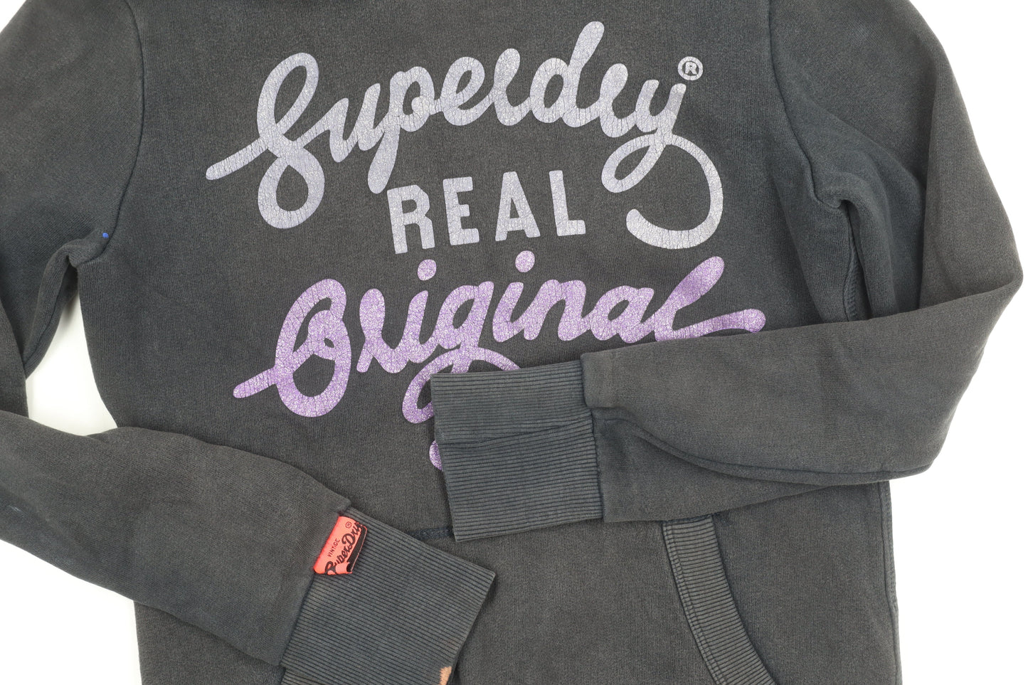Superdry Womens Black Pullover Hoodie XS Graphic Logo Hooded Sweatshirt