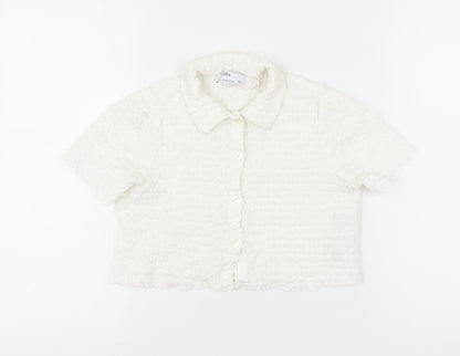 Bershka Women Ivory XS Cropped Button-Up Collared Shirt