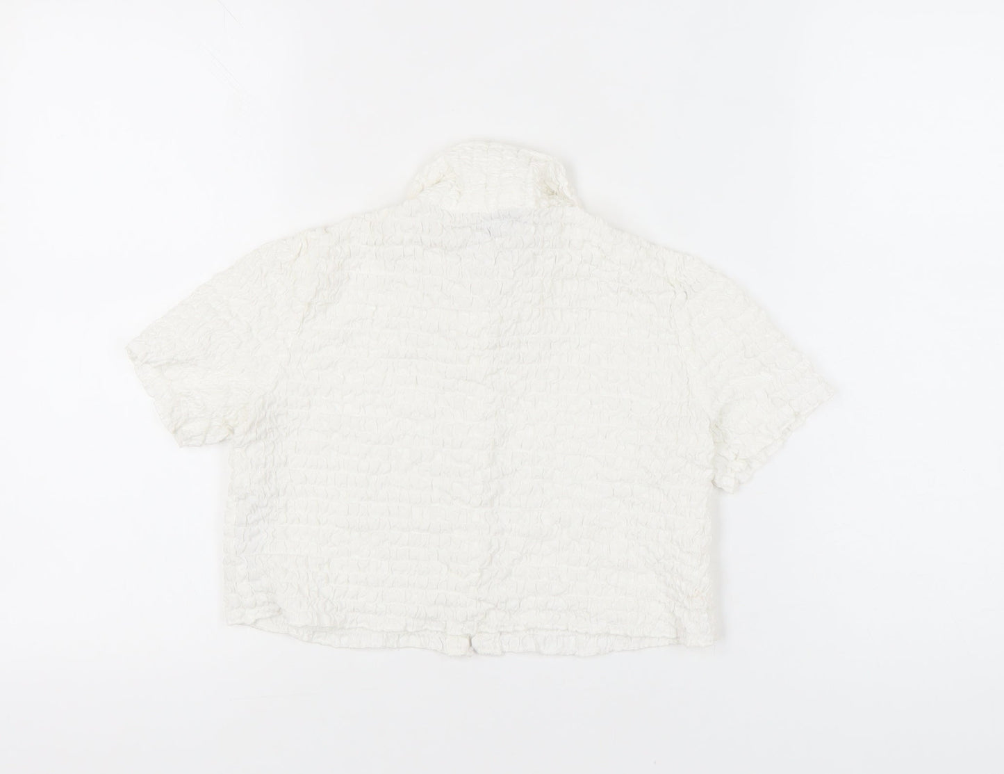 Bershka Women Ivory XS Cropped Button-Up Collared Shirt