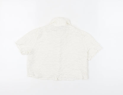 Bershka Women Ivory XS Cropped Button-Up Collared Shirt