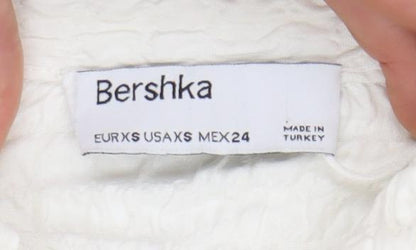 Bershka Women Ivory XS Cropped Button-Up Collared Shirt