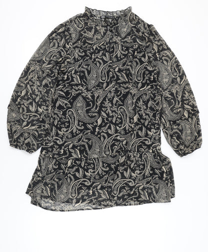Zara Women Black XS Paisley Shift Mini Dress Long Sleeve
