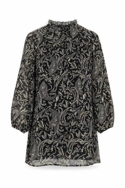 Zara Women Black XS Paisley Shift Mini Dress Long Sleeve