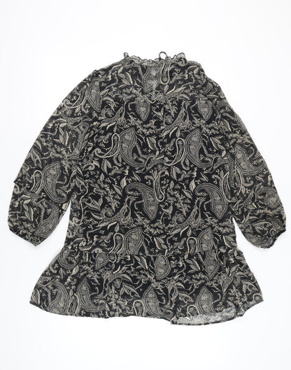 Zara Women Black XS Paisley Shift Mini Dress Long Sleeve