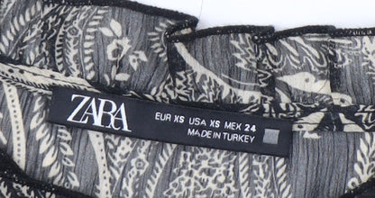 Zara Women Black XS Paisley Shift Mini Dress Long Sleeve