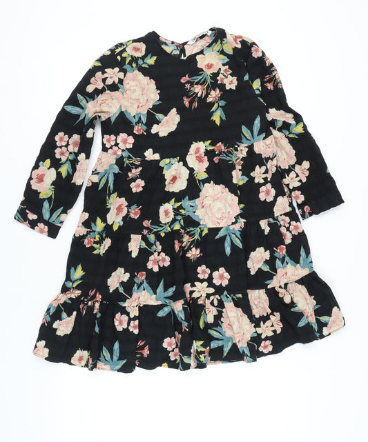 Zara Womens Black Floral Long Sleeve A-Line Dress XS