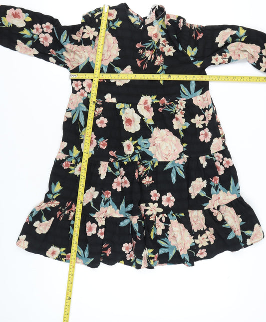 Zara Womens Black Floral Long Sleeve A-Line Dress XS