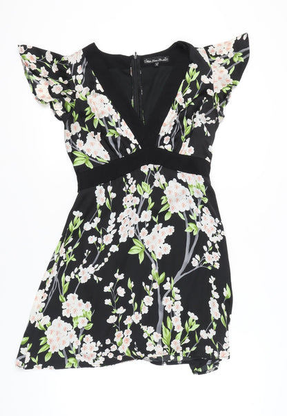 Mela Loves London Women Black Floral A-Line Short Dress Size 12