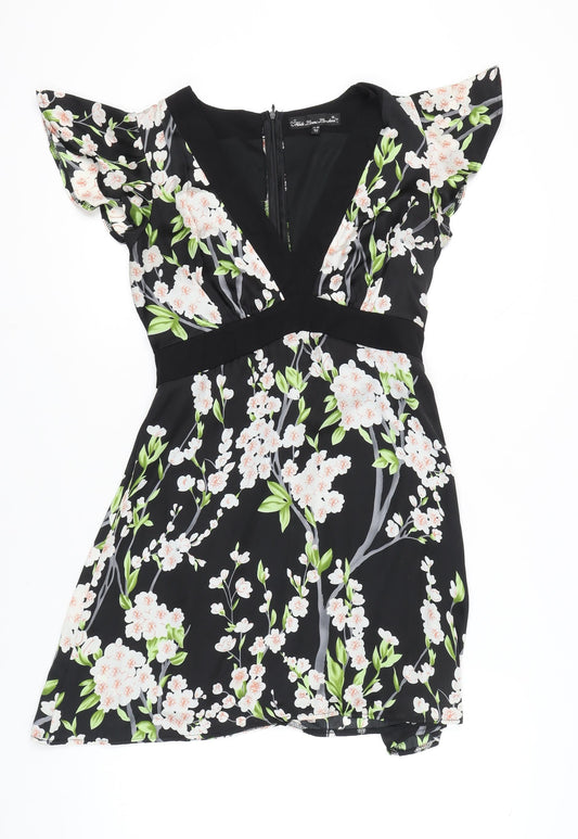 Mela Loves London Women Black Floral A-Line Short Dress Size 12